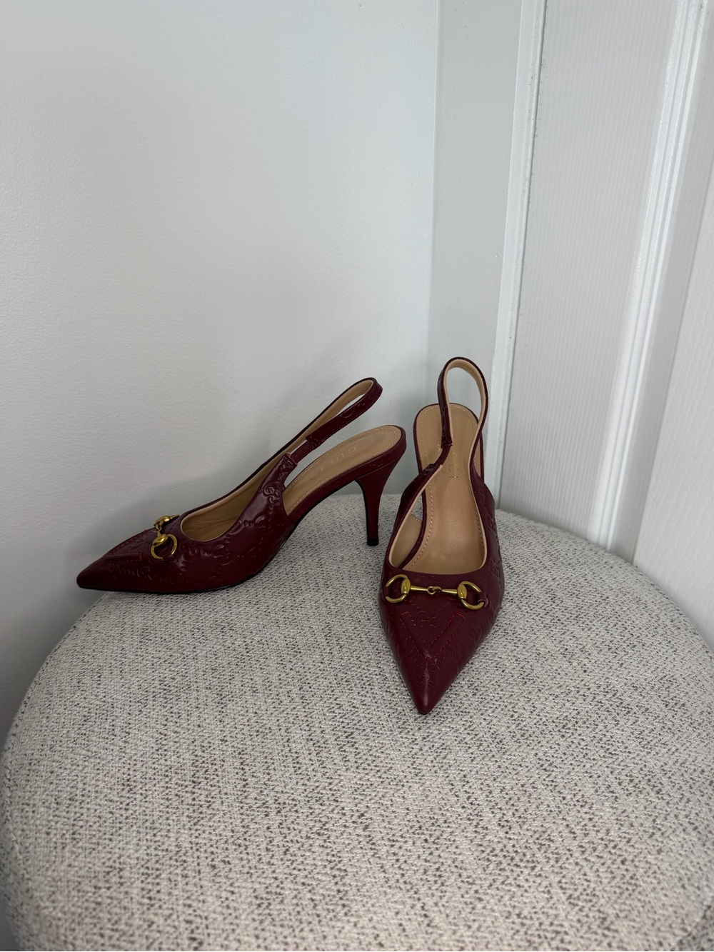 Women’s Burgundy Pointed-Toe Slingback Heels with Gold Hardware